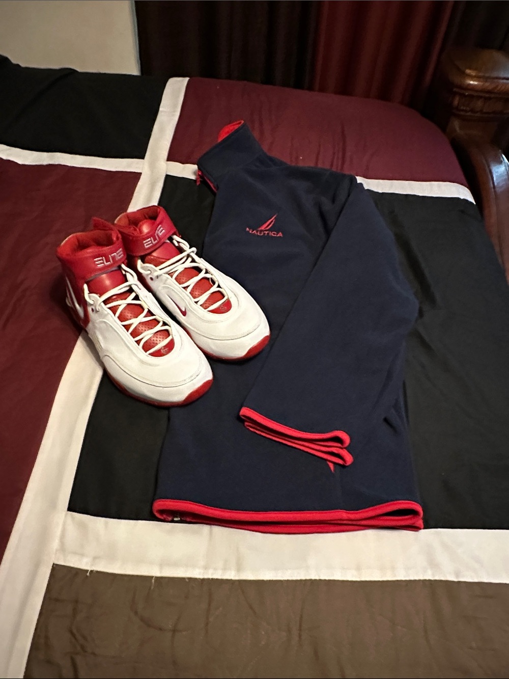 Nautica Navy Pullover with Red Trim and Nike Red and White Elite  Sneakers